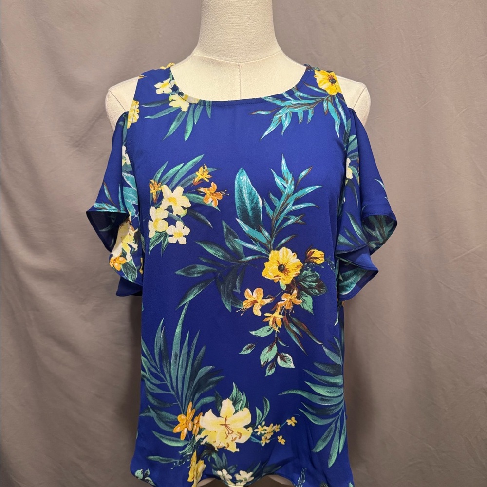 BCX Blue Floral Cold Shoulder Blouse